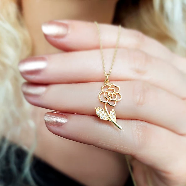 Kadın 925 Ayar Gümüş Gül Kolye - Resim 2