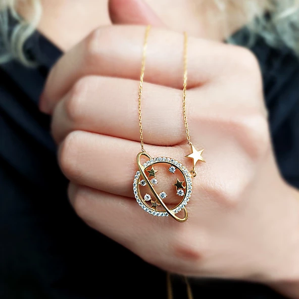 Kadın 925 Ayar Gümüş Gezegen Kolye - Resim 3