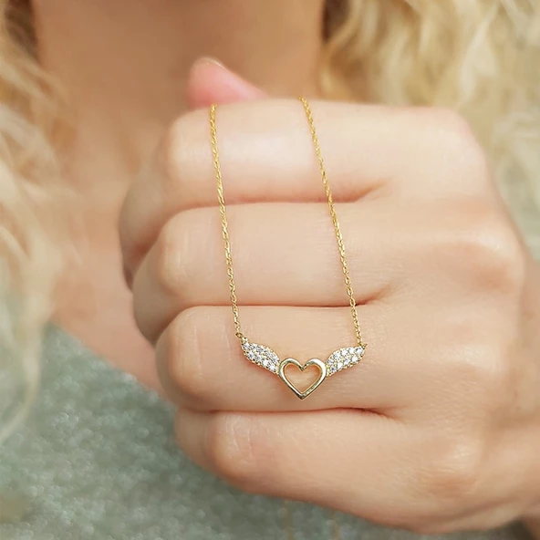 925 Ayar Gümüş Kadın Melek Kanatlı Kalp Kolye ürün görseli