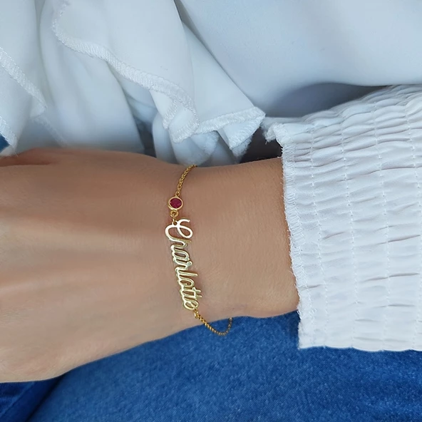 925 Ayar Gümüş Renkli Taşlı İsim Bileklik - Resim 2