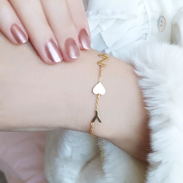 Vaoov 925 Ayar Gümüş İki Harf ve Kalpli Bileklik ürün görseli