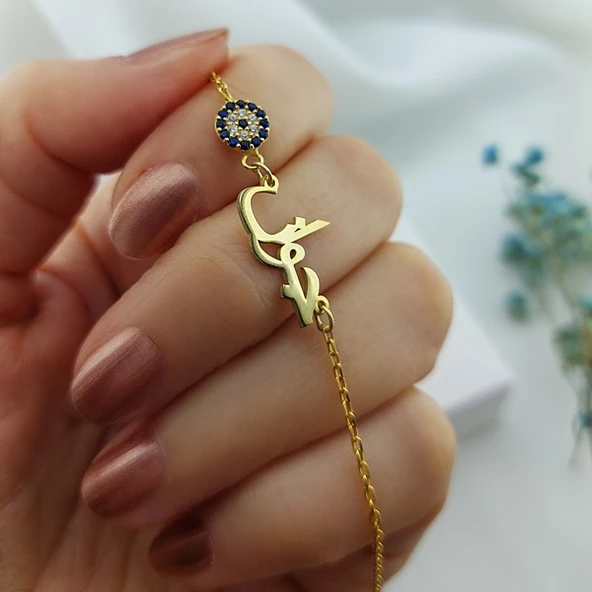 925 Ayar Gümüş Nazarlı Arapça İsim Bileklik - Resim 3