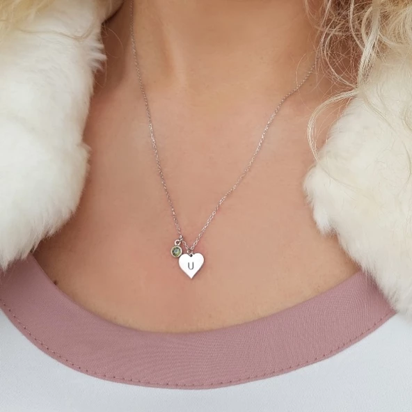 Vaoov Kadın 925 Ayar Gümüş Renkli Taşlı Harfli Kalp Kolye - Resim 3