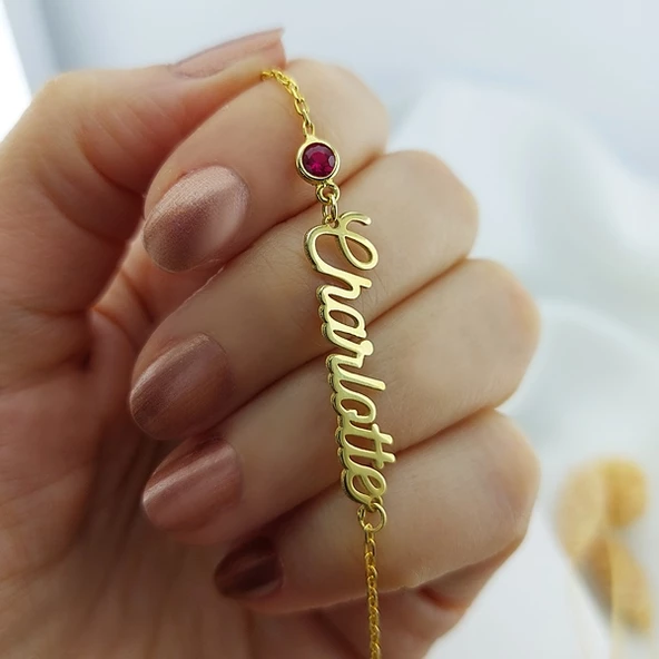 925 Ayar Gümüş Renkli Taşlı İsim Bileklik - Resim 4