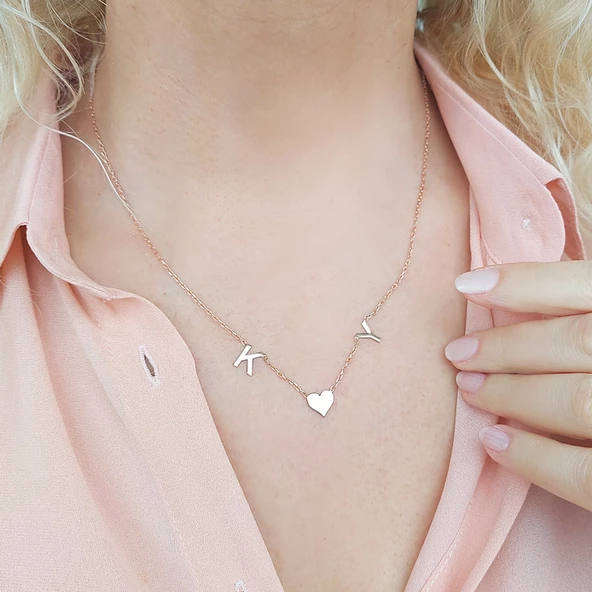 Vaoov 925 Ayar Gümüş İki Harfli ve Kalpli Kolye - Resim 2