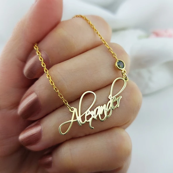 925 Ayar Gümüş El Yazısı Doğum Taşı İsim Kolye - Resim 4