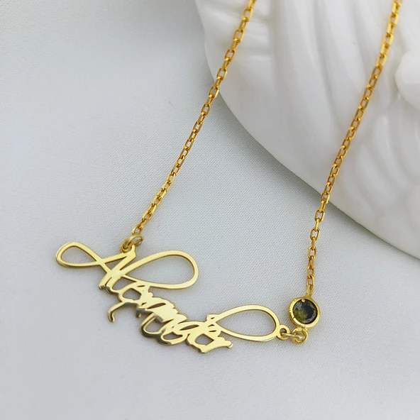 925 Ayar Gümüş El Yazısı Doğum Taşı İsim Kolye - Resim 3