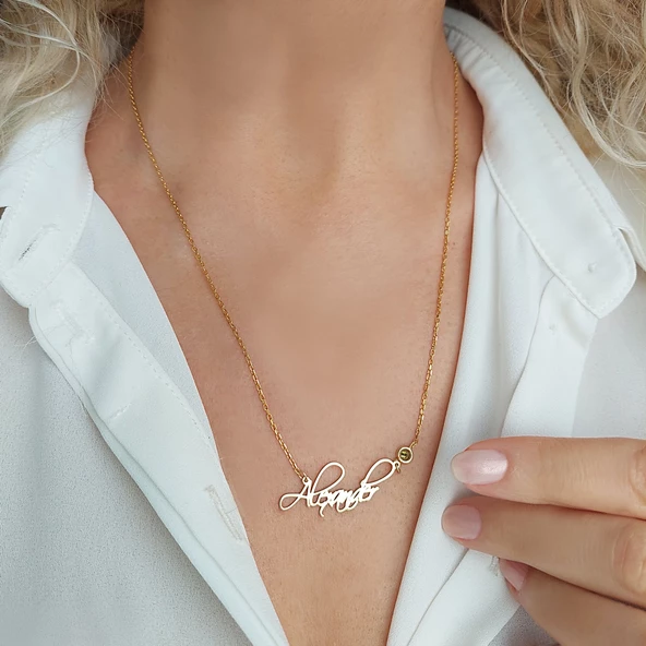 925 Ayar Gümüş El Yazısı Doğum Taşı İsim Kolye ürün görseli