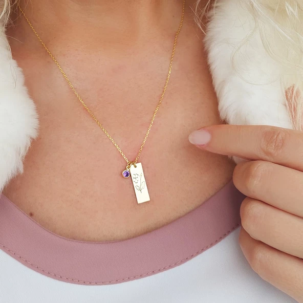 Vaoov 925 Ayar Gümüş Harfli ve Taşlı Plaka Kolye ürün görseli