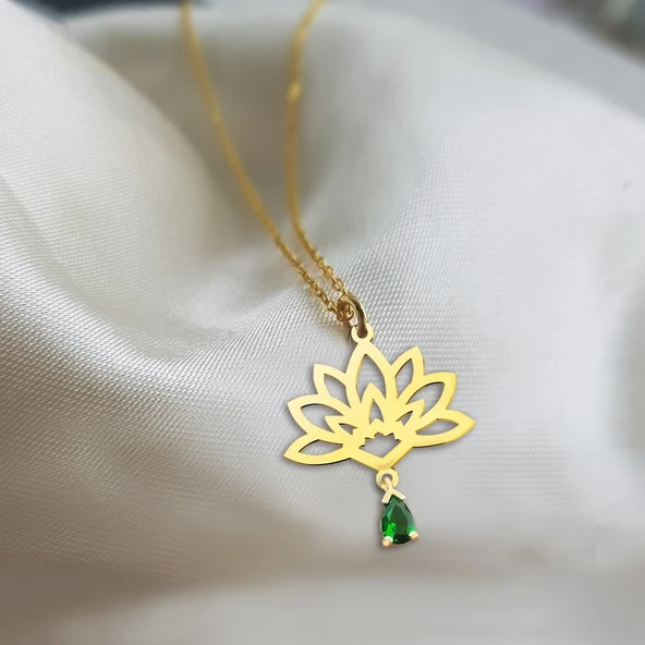 Vaoov 925 Ayar Gümüş Yeşil Taşlı Lotus Kolye ürün görseli