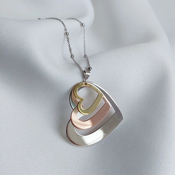 Vaoov 925 Ayar Gümüş Üç Renkli Kalp Kolye - Resim 2