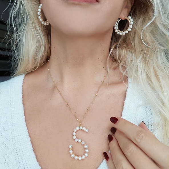 Vaoov 925 Ayar Gümüş İnci Harf Kolye - 9