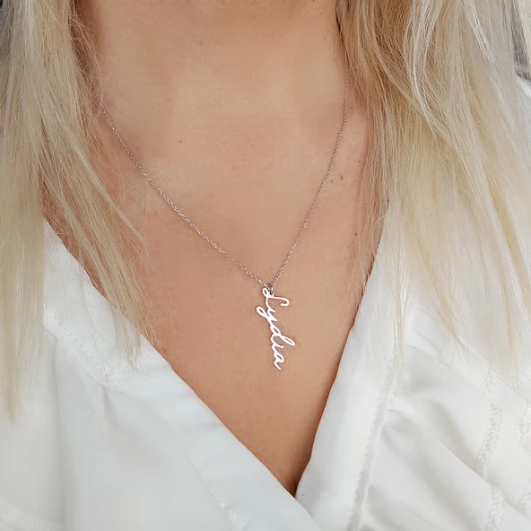 Vaoov 925 Ayar Gümüş El Yazısı Dikey İsim Kadın Hediye Kolye - Resim 3