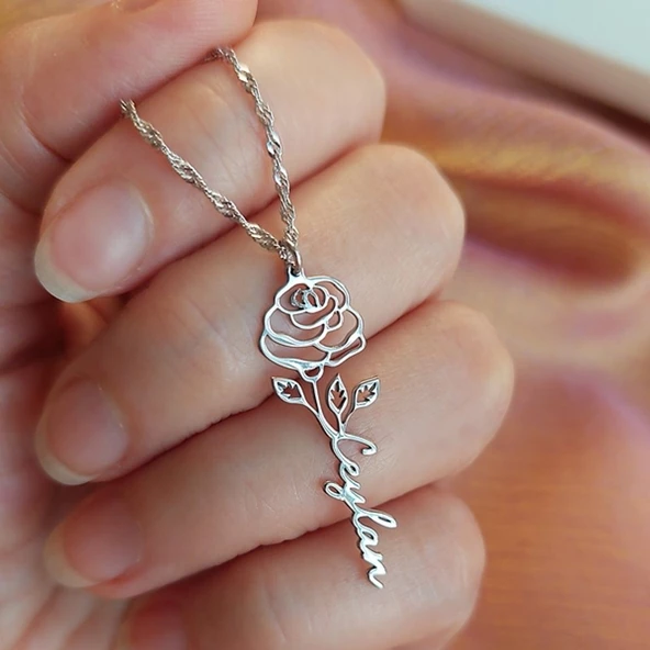 Vaoov 925 Ayar Gümüş Singapur Zincirli İsimli Gül Kolye ürün görseli