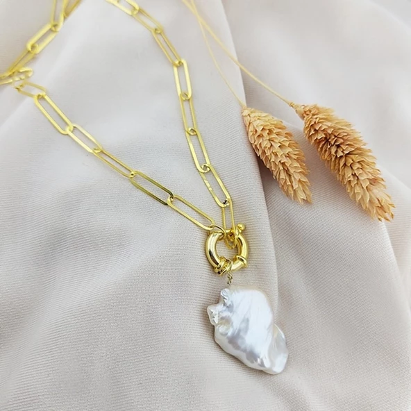 Vaoov 925 Ayar Gümüş Köşeli Zincirli Barok İnci Kolye - Resim 4