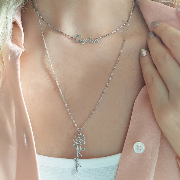 Vaoov 925 Ayar Gümüş Singapur Zincirli İsimli Gül Kolye - Resim 4