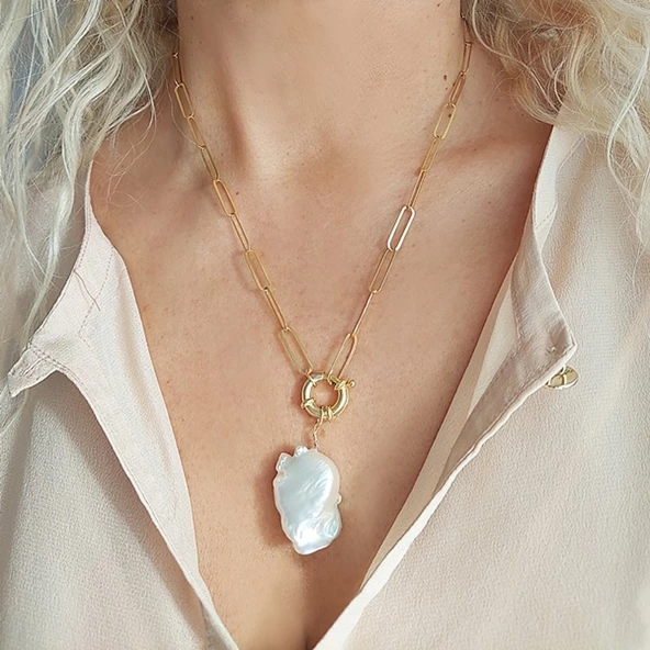 Vaoov 925 Ayar Gümüş Köşeli Zincirli Barok İnci Kolye - Resim 5