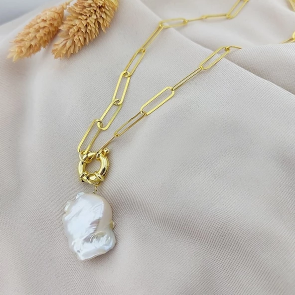 Vaoov 925 Ayar Gümüş Köşeli Zincirli Barok İnci Kolye - Resim 2