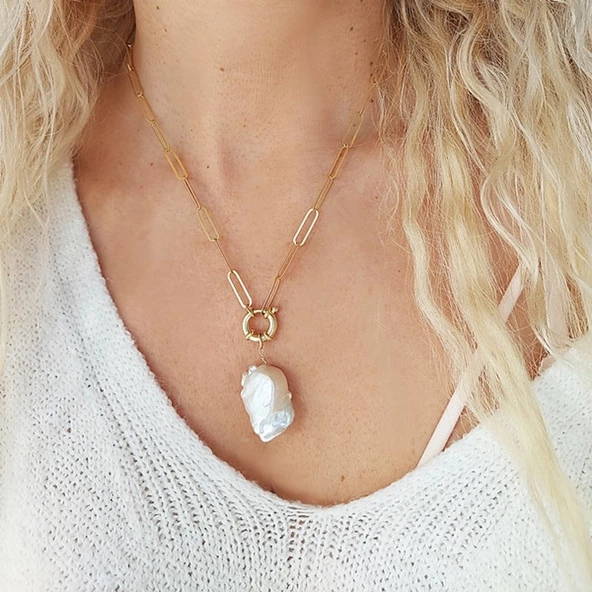 Vaoov 925 Ayar Gümüş Köşeli Zincirli Barok İnci Kolye ürün görseli