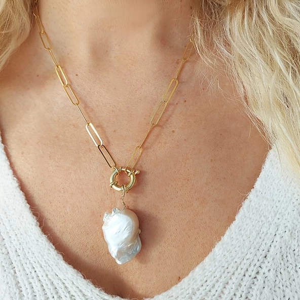 Vaoov 925 Ayar Gümüş Köşeli Zincirli Barok İnci Kolye - Resim 3