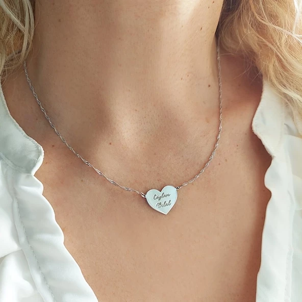 Vaoov 925 Ayar Gümüş Singapur Zincirli İsimli Kalp Kolye ürün görseli