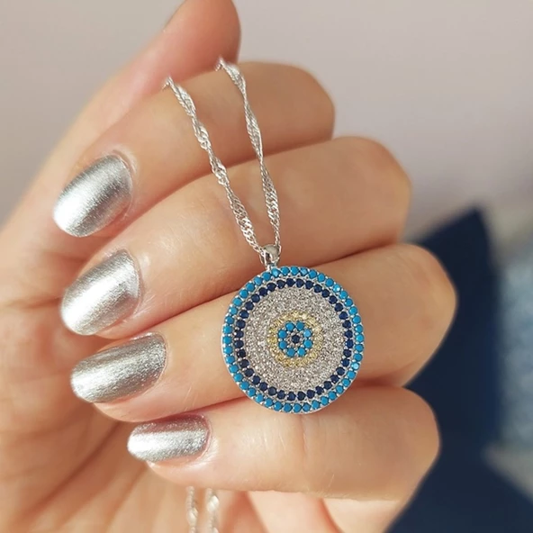 Vaoov 925 Ayar Gümüş Singapur Zincirli Nazar Kolye - Resim 2