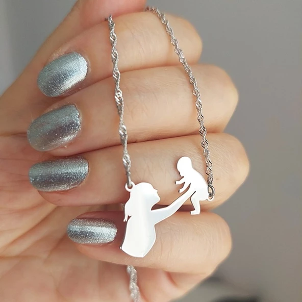 Vaoov 925 Ayar Gümüş Singapur Zincirli Anne Bebek Kolyesi - Resim 2