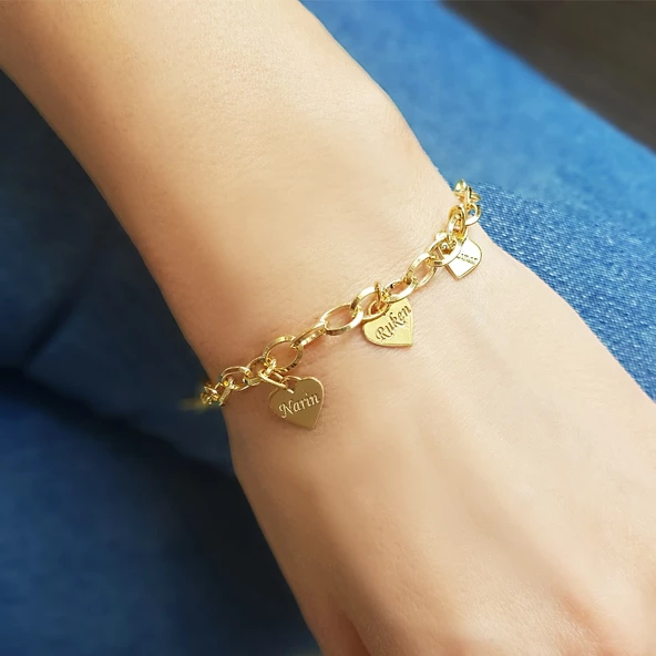 925 Ayar Gümüş İsimli Oval Zincir Kalpli Bileklik - Resim 2