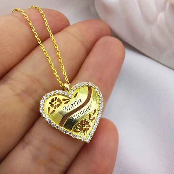 Vaoov 925 Ayar Gümüş İki İsimli Kişiye Özel Kalp Kolye - Resim 4