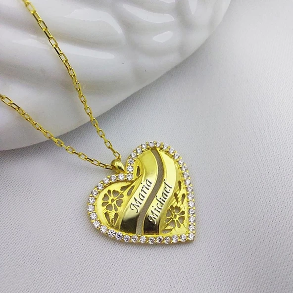 Vaoov 925 Ayar Gümüş İki İsimli Kişiye Özel Kalp Kolye - Resim 3