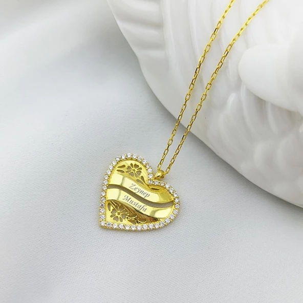 Vaoov 925 Ayar Gümüş İki İsimli Kişiye Özel Kalp Kolye ürün görseli