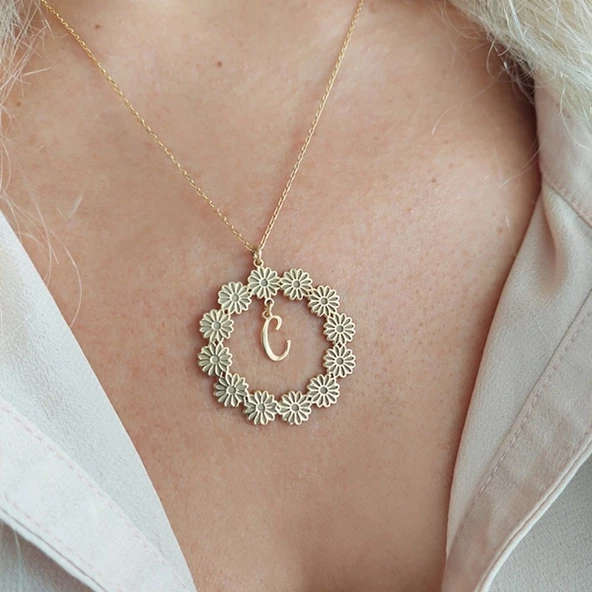 Vaoov 925 Ayar Gümüş Harf Sallantılı Papatya Kolye - Resim 3