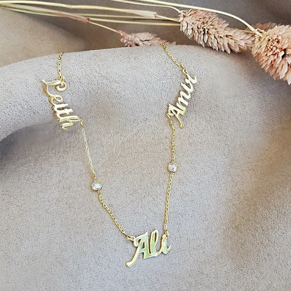 Vaoov 925 Ayar Gümüş Üç İsimli Taşlı Kolye - Resim 2