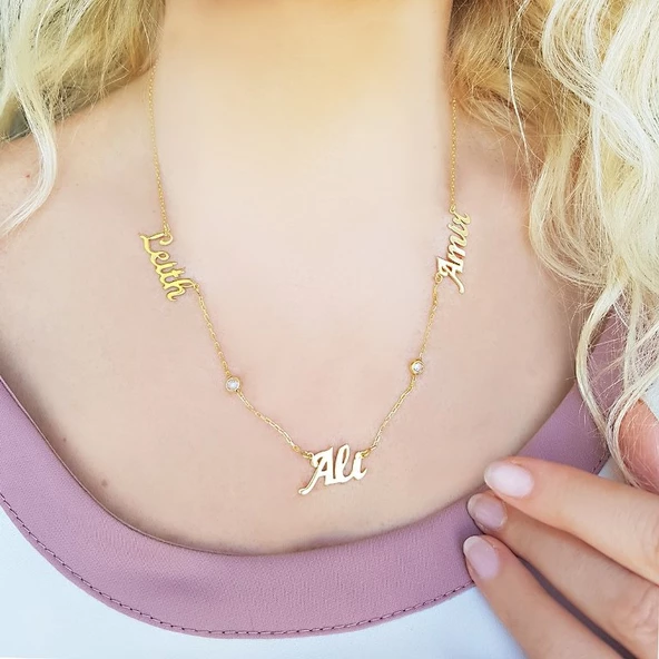 Vaoov 925 Ayar Gümüş Üç İsimli Taşlı Kolye ürün görseli