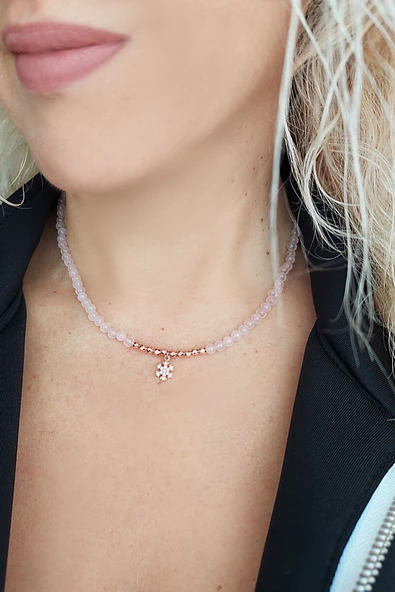 Vaoov 925 Ayar Gümüş Pembe Kuvars ve Hematit Taşlı Nazar Kolye - 2