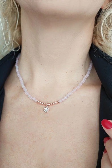 Vaoov 925 Ayar Gümüş Pembe Kuvars ve Hematit Taşlı Nazar Kolye - 3