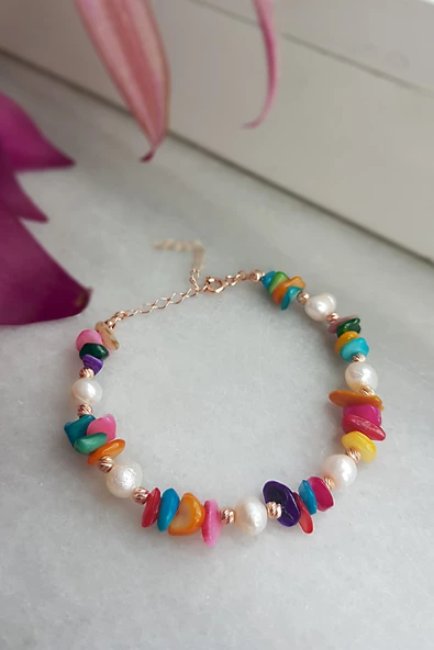 Vaoov 925 Ayar Gümüş İnci ve Renkli Sedef Taşlı Bileklik ürün görseli