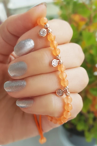 Vaoov 925 Ayar Gümüş Turuncu Kuvars Taşlı Bileklik - Resim 4