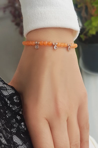 Vaoov 925 Ayar Gümüş Turuncu Kuvars Taşlı Bileklik - Resim 2
