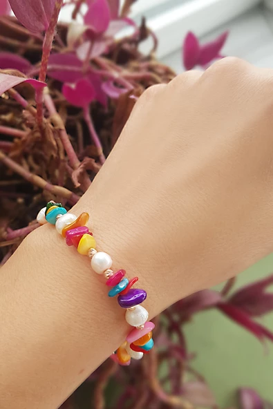 Vaoov 925 Ayar Gümüş İnci ve Renkli Sedef Taşlı Bileklik - Resim 4