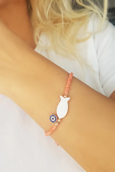 Vaoov Sedef Balık ve Renkli Boncuklu Gümüş Bileklik - Resim 2