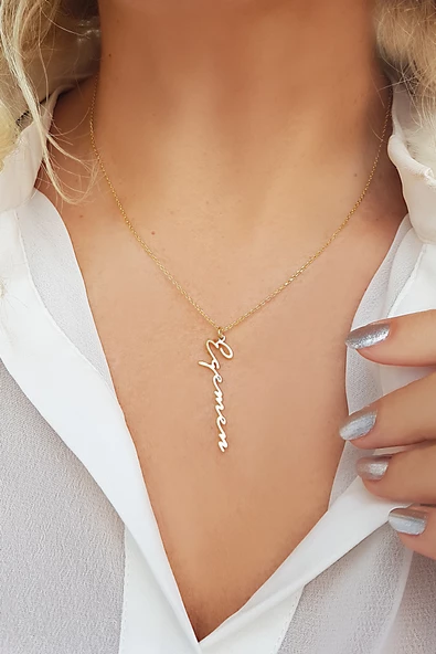 Vaoov 925 Ayar Gümüş El Yazısı Dikey İsim Kolye - Resim 5