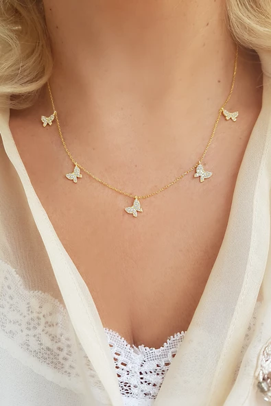 Vaoov 925 Ayar Gümüş Beyaz Taşlı Kelebek Kolye ürün görseli