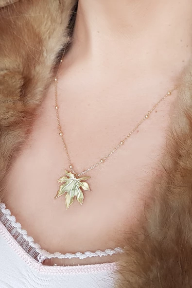 925 Ayar Gümüş Çınar Yaprağı Kolye - Resim 2