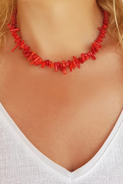 925 Ayar Gümüş Kırmızı Mercan Kolye ürün görseli