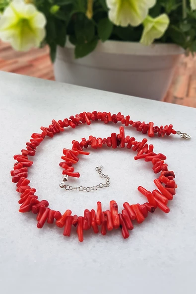 925 Ayar Gümüş Kırmızı Mercan Kolye - Resim 2