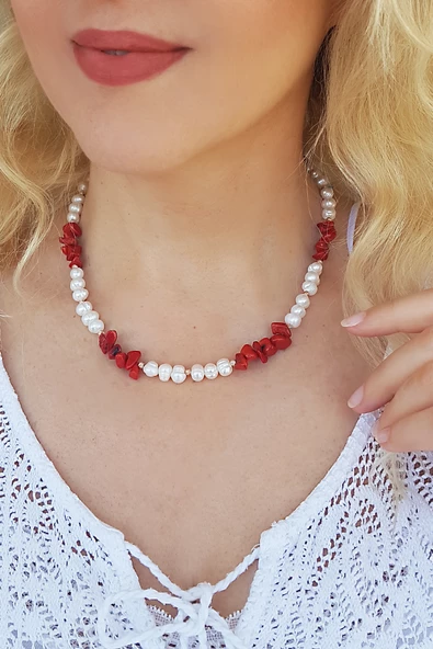 925 Ayar Gümüş İnci ve Mercan Taşlı Kolye ürün görseli