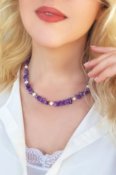 925 Ayar Gümüş İnci ve Ametist Taşlı Kolye ürün görseli