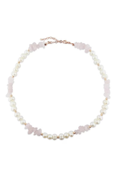 925 Ayar Gümüş İnci ve Pembe Kuvars Taşlı Kolye - Resim 2