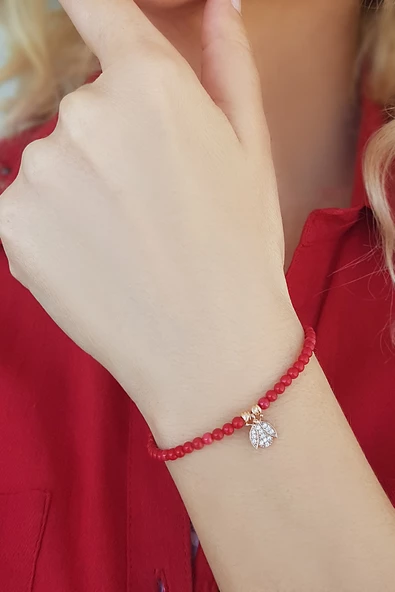 925 Ayar Gümüş Mercan Taşlı Uğur Böceği Bileklik ürün görseli